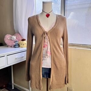 Cozy fairy open front tie ribbed knit tan long cardigan size S